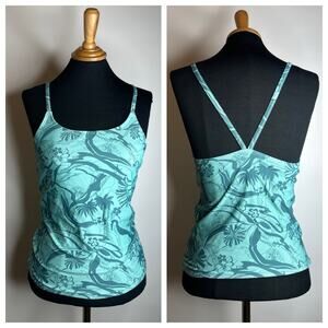 Y2K Tropical Print Teal Camisole Tank Top Stretch Spaghetti Surf Beachy Sz S